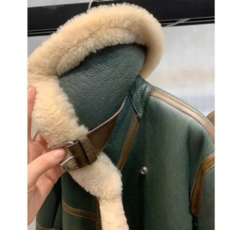 Women's Green Short Jacket – Faux Fur Lining Winter Coat | Korean Streetwear Style