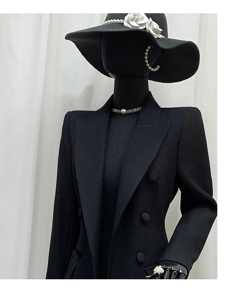 Women's Long Black Double-Breasted Blazer Coat – Slim Fit Elegant European Overcoat