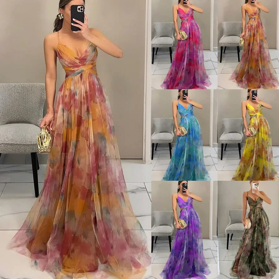 Women's Printed Mesh Midi Dress – Elegant Slim Fit Summer Party Dress