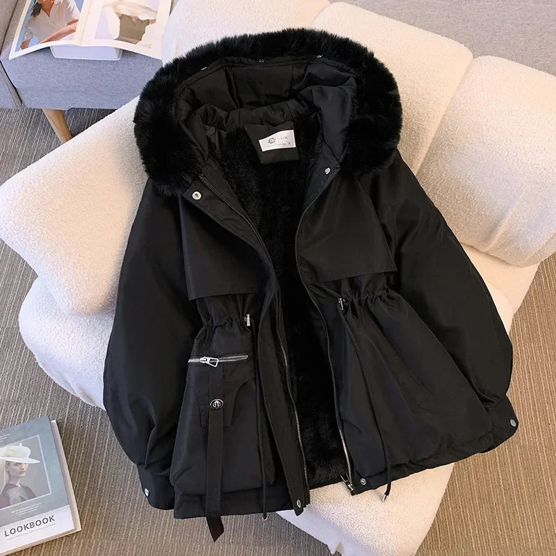Women's Fleece-Lined Hooded Puffer Jacket – Drawstring Padded Parka | Korean Streetwear