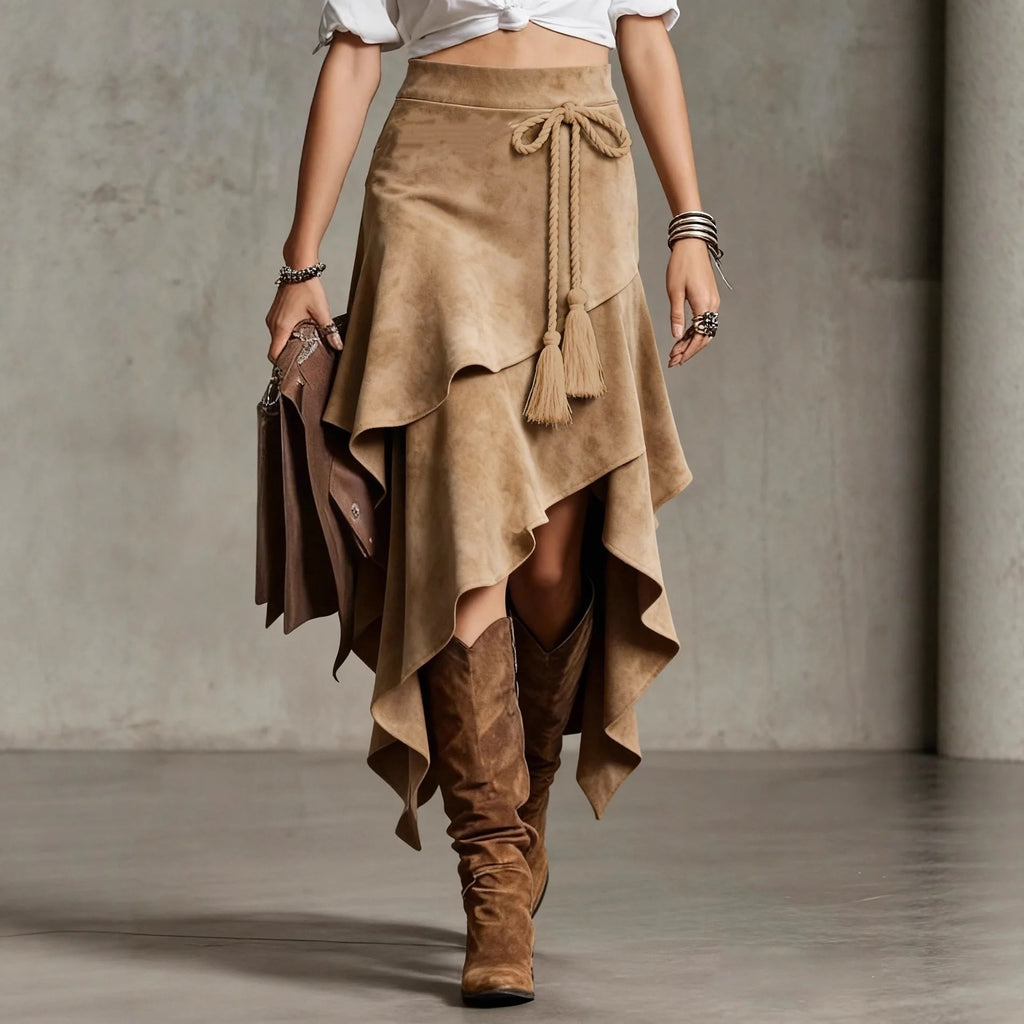 Women's Vintage Suede Midi Skirt | Asymmetric A-Line Boho Skirt | Retro Street Style