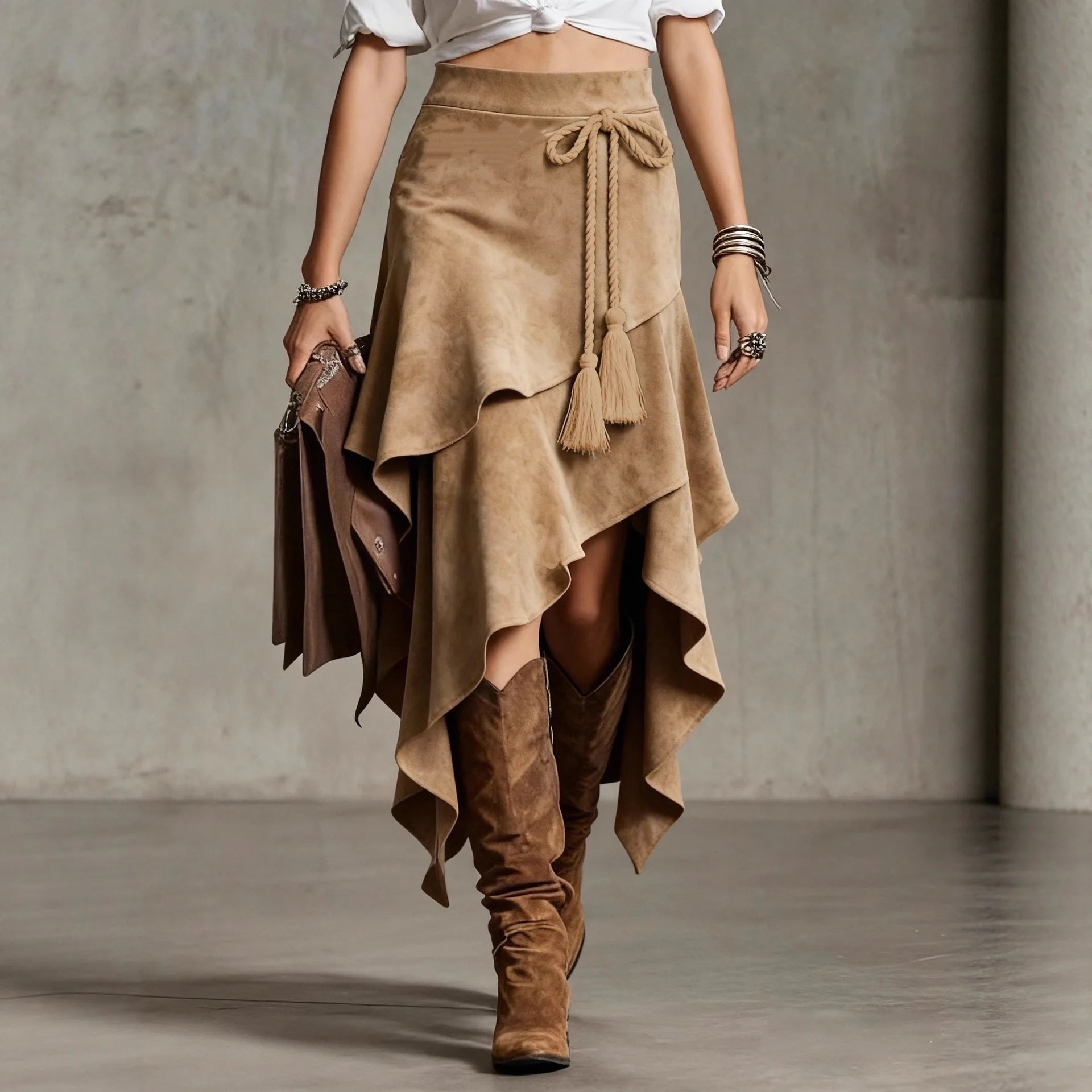 Women's Vintage Suede Midi Skirt | Asymmetric A-Line Boho Skirt | Retro Street Style