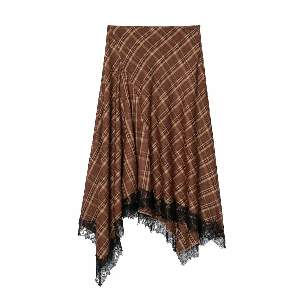Women's Vintage Plaid Midi Skirt – Lace A-Line Knee-Length | Casual & Dinner