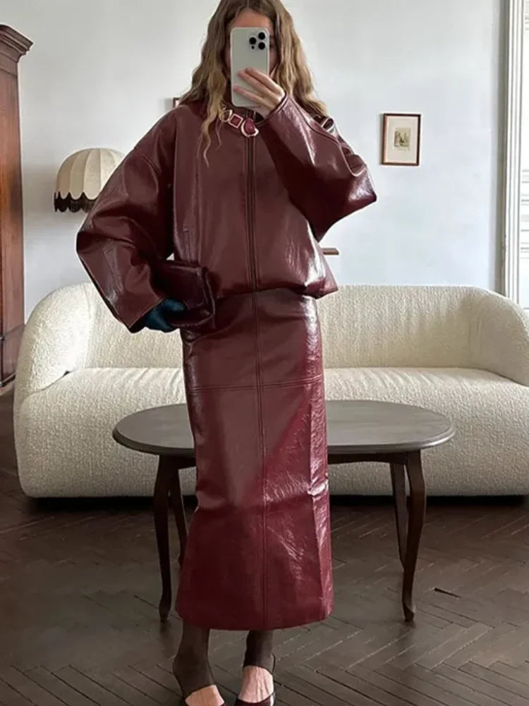 Women's Leather 2-Piece Set | Jacket & Skirt, Pants or Dress | Street Style Party Suit | Autumn