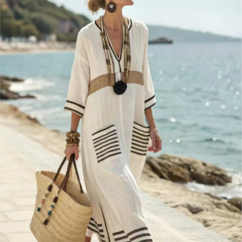Stripe Print Pocket Maxi Dress – Loose V-Neck Short Sleeve | Women's Holiday & Office Wear