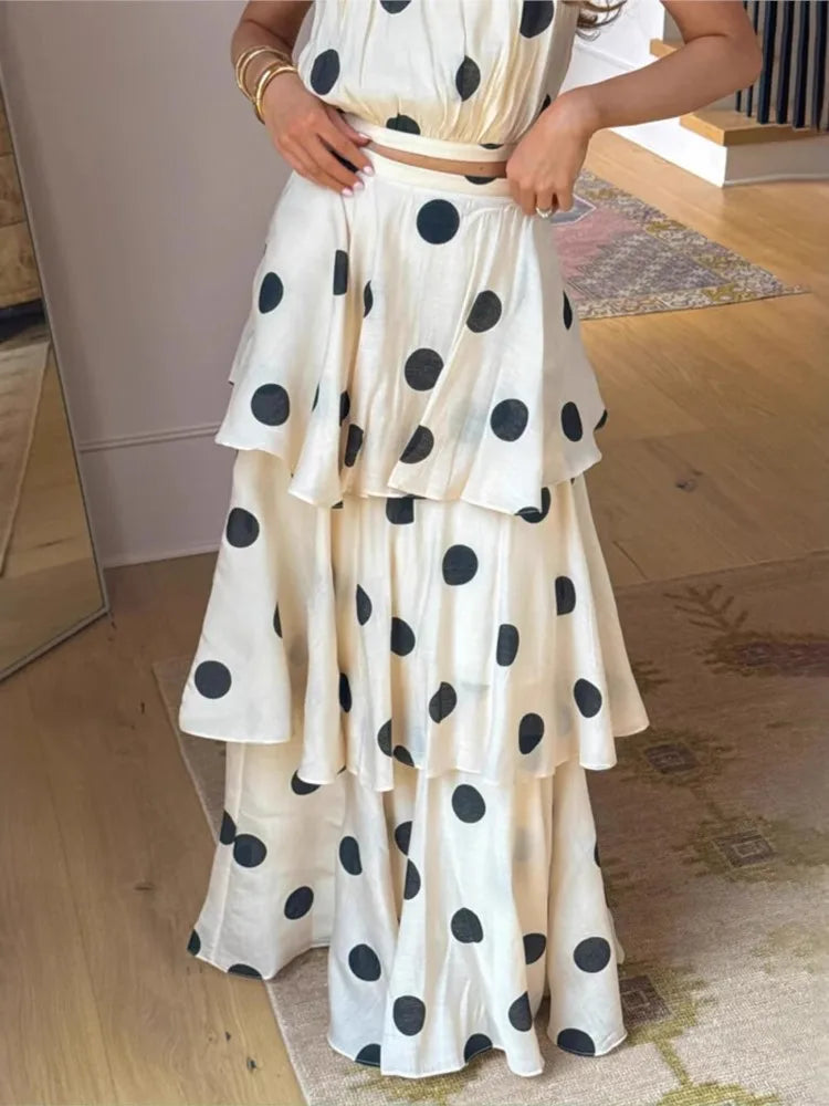 Women's Polka Dot Two-Piece Set – Halter Crop Top & Maxi Skirt | Summer Fashion