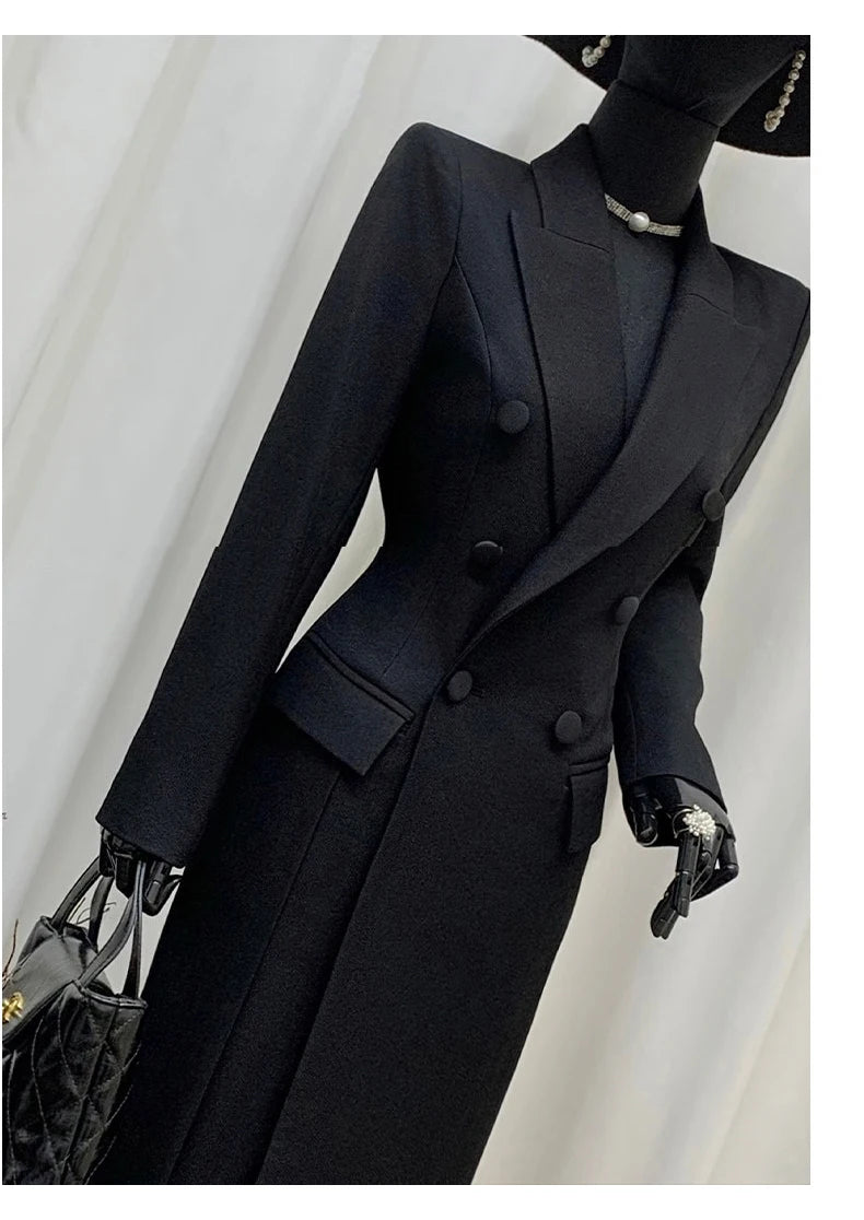 Women's Long Black Double-Breasted Blazer Coat – Slim Fit Elegant European Overcoat