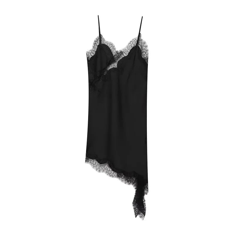 Women's Lace Slip Mini Dress – Backless Asymmetric Spaghetti Strap Party Dress