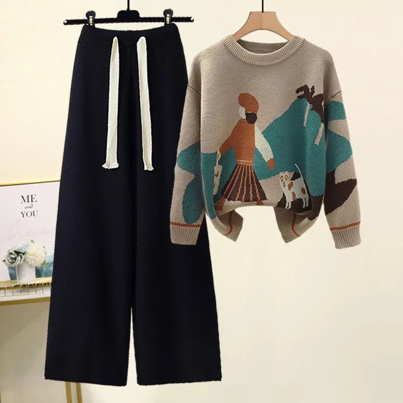 Women's Knitted Sweater & Wide Leg Pants Set – Loose Casual 2-Piece Autumn Outfit