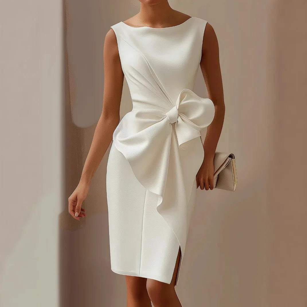 Bow Detail Sleeveless A-Line Dress – Round Neck Slim Fit | Women's Elegant Formal & Casual Wear