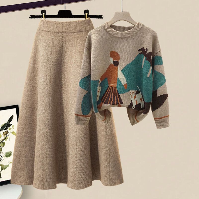 Women's Knit Sweater & Midi Skirt 2-Piece Set – Geometric Print Indie Folk Elegant Outfit | Autumn Winter