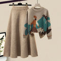 Women's Knit Sweater & Midi Skirt 2-Piece Set – Geometric Print Indie Folk Elegant Outfit | Autumn Winter