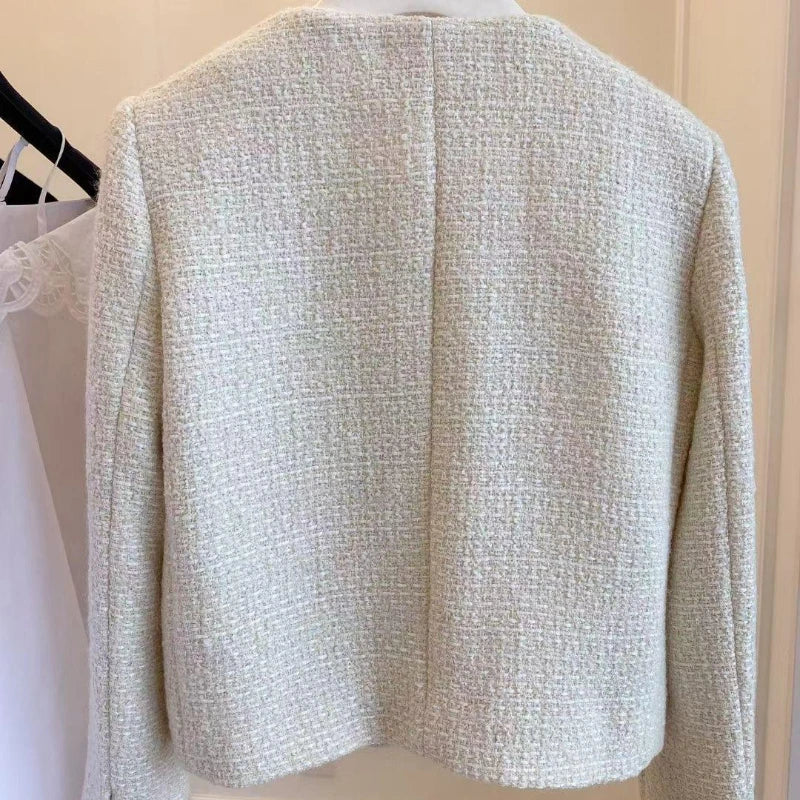 Women's French Tweed Short Coat – Gold Button Slim Jacket | Office Lady Style