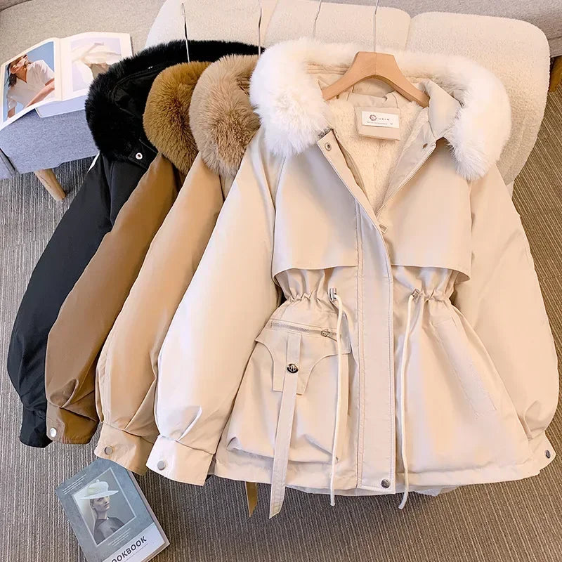 Women's Fleece-Lined Hooded Puffer Jacket – Drawstring Padded Parka | Korean Streetwear