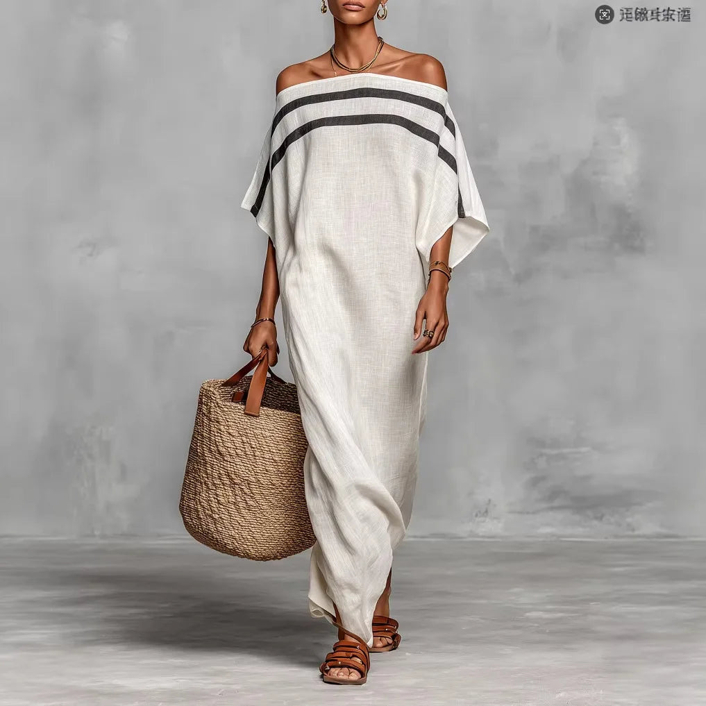 Women's Striped One-Shoulder Maxi Dress – Retro Beach Vacation Dress