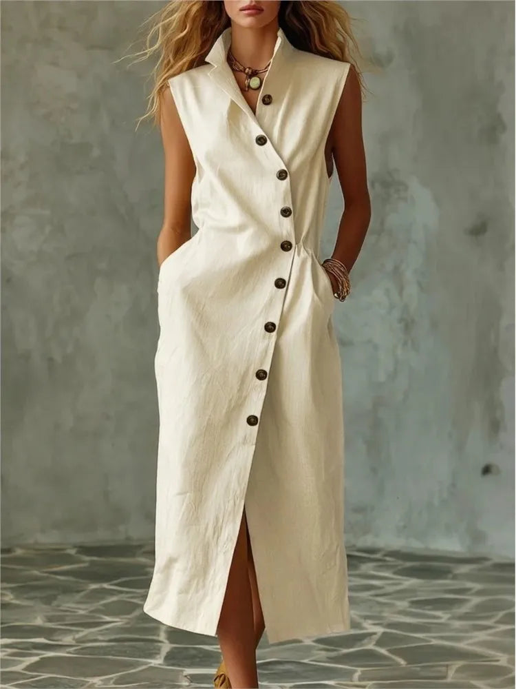 Elegant V-Neck Sundress – Sleeveless A-Line Midi Dress | Women's Summer Party Wear