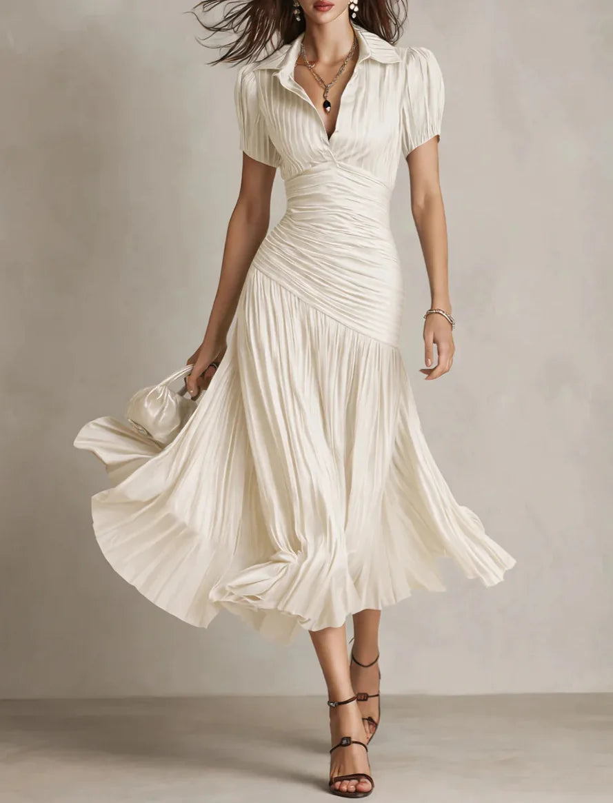 Striped A-Line Maxi Dress – Short Sleeve High Waist Slim Long Dress for Women