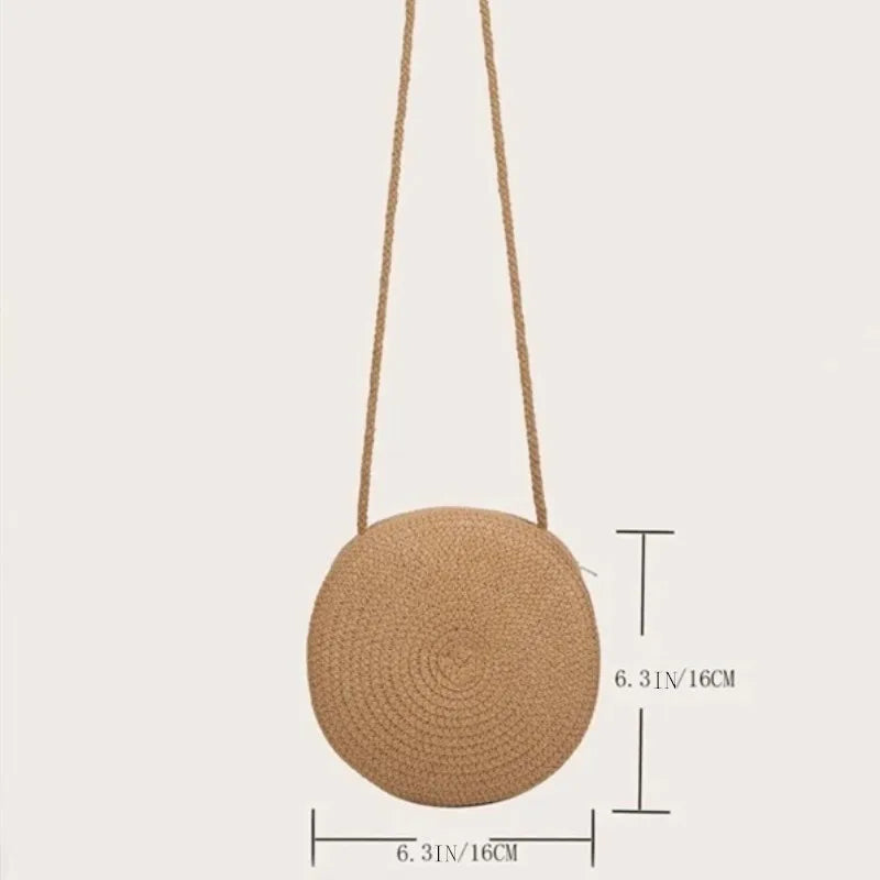 Bolsa de Palha Redonda Transversal Minimalista Feminina com Fecho Zipper 5 Cores