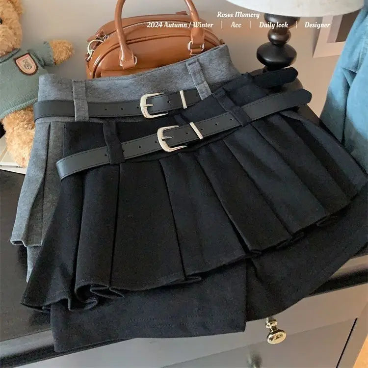Women's High-Waist Pleated Mini Skirt – Anti-Light Slim Fit Autumn Winter Short Skirt with Belt