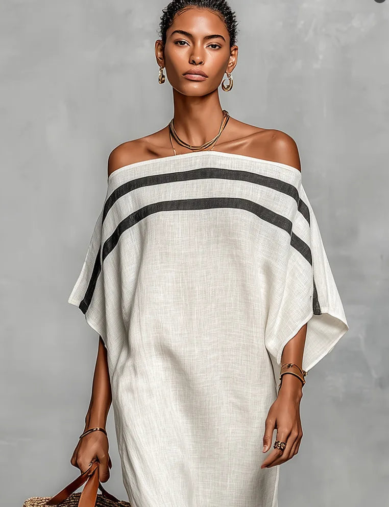 Women's Striped One-Shoulder Maxi Dress – Retro Beach Vacation Dress