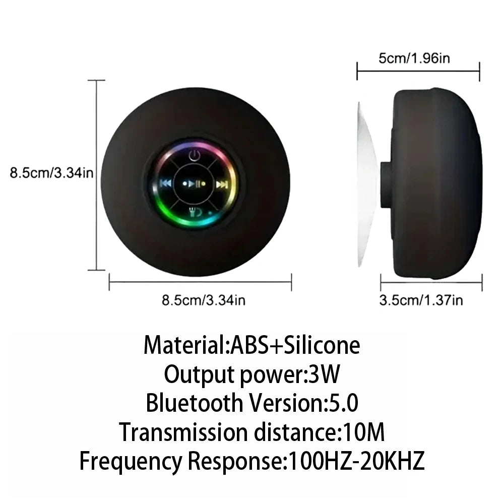 Caixa de Som Bluetooth Portátil com LED e Ventosa IPX4 À Prova d’Água para Banheiro e Ar Livre