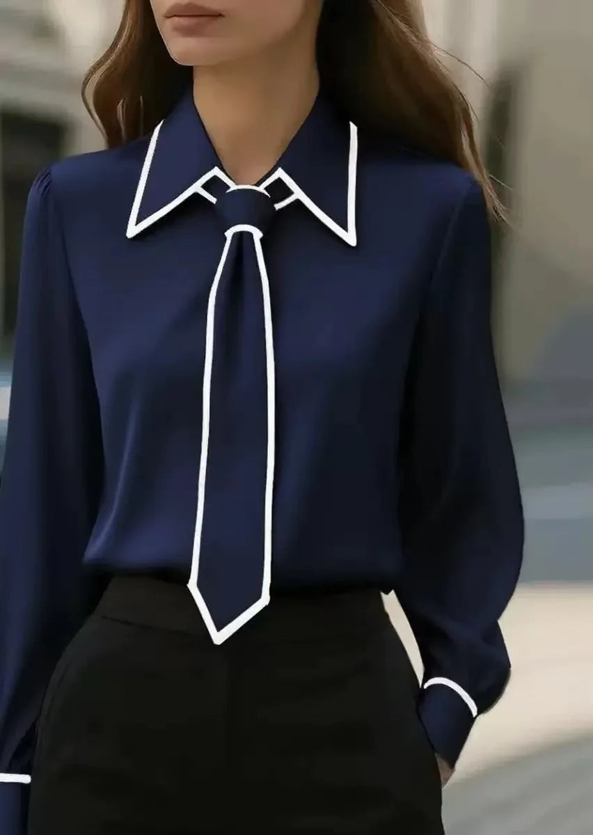Tie Lapel Long Sleeve Shirt – Casual Regular Fit | Women's Elegant Office & Everyday Wear