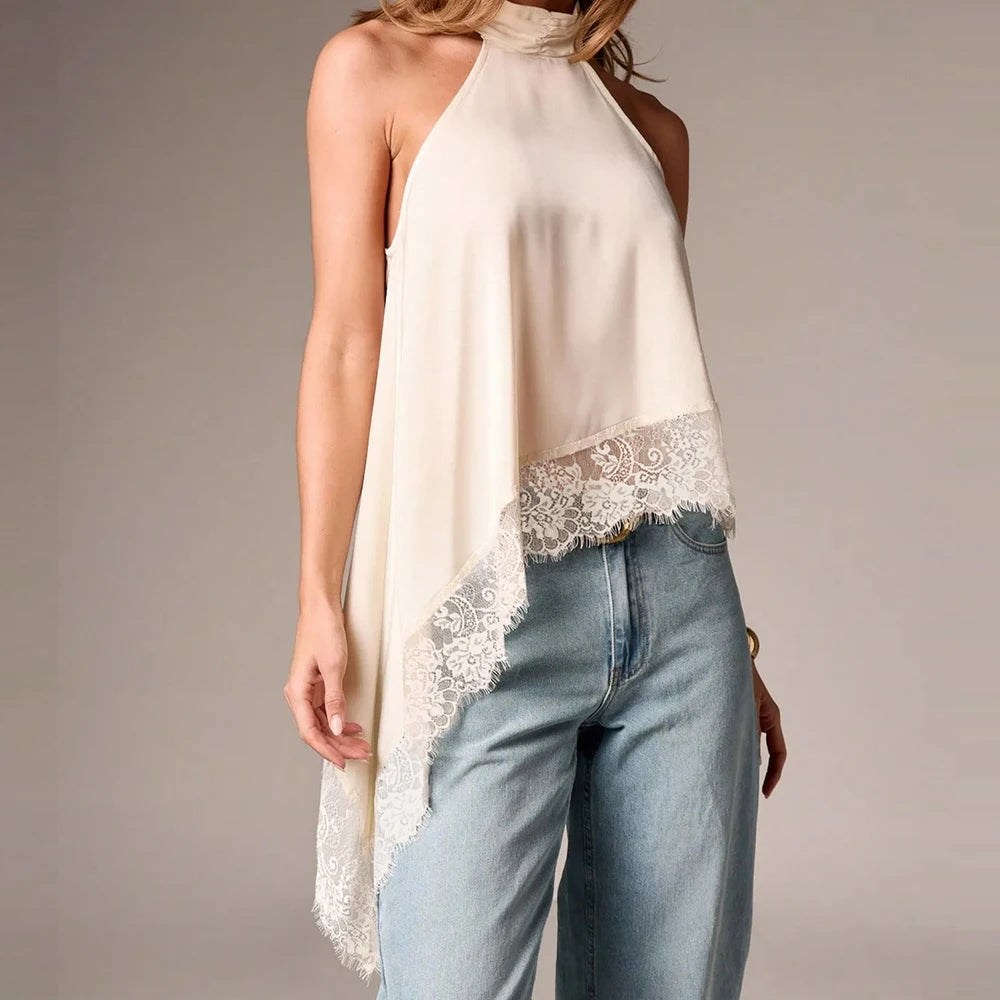 Women's Y2K Lace Halter Crop Top | Backless Irregular Hem Tank | Summer Vintage Vest