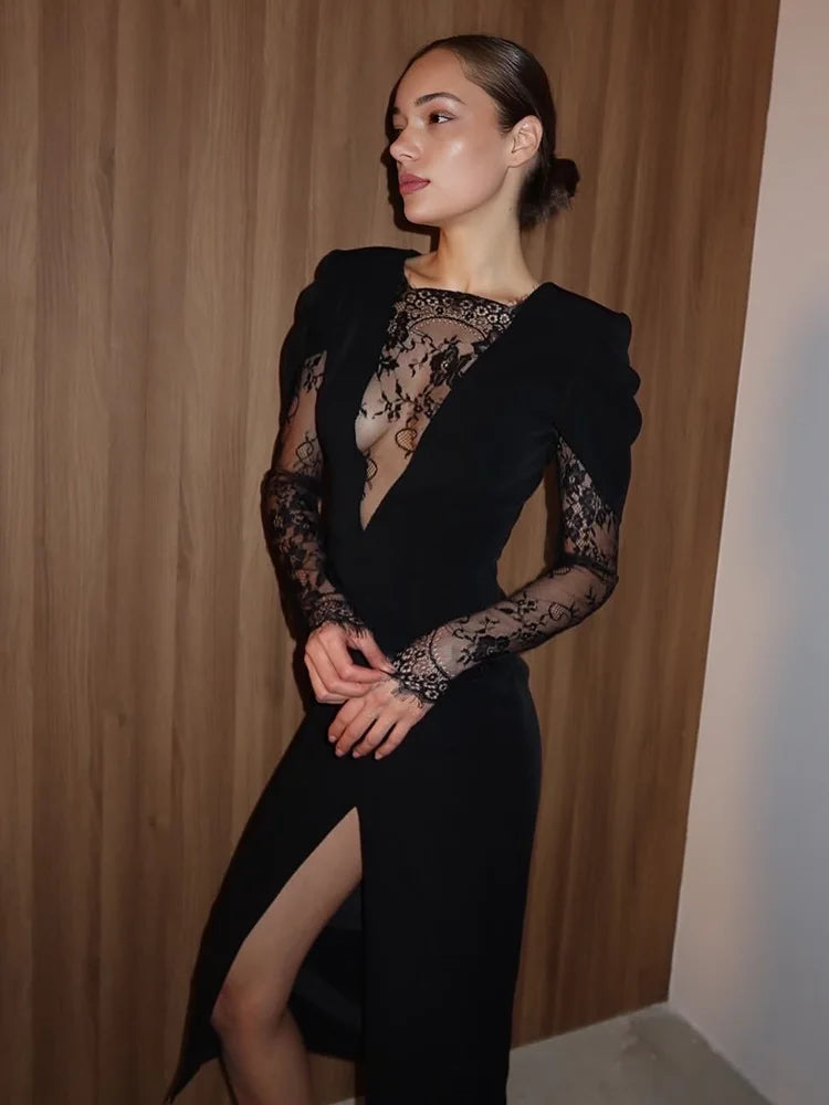 Women's Black Lace Velvet Sheath Dress – Long Sleeve Split Slim Party Dress
