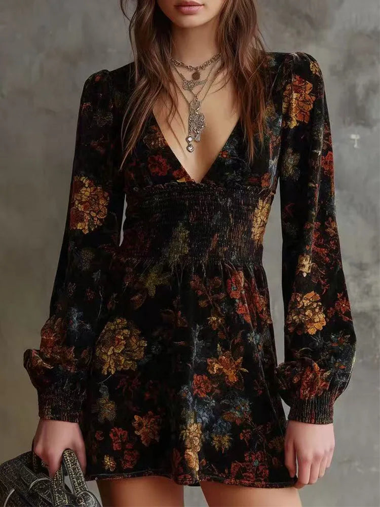Women's Black Floral Velvet Dress – V-Neck Long Sleeve Bodycon Elegant Evening Dress