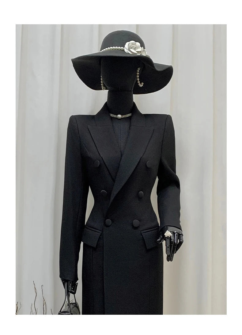 Women's Long Black Double-Breasted Blazer Coat – Slim Fit Elegant European Overcoat