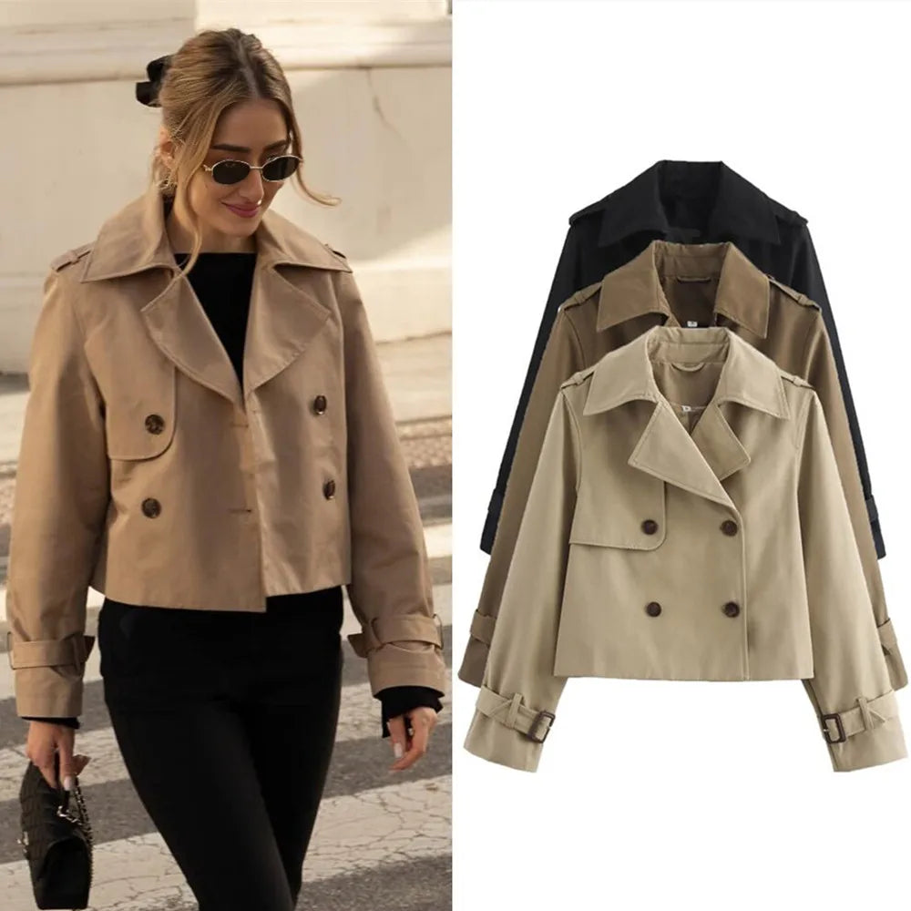 Women's Vintage Cropped Trench Coat | Double Breasted Streetwear Jacket | All Season | MOXFCIZO