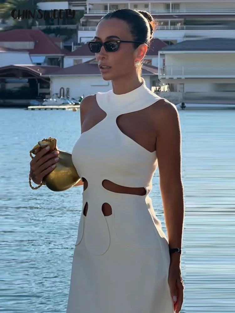 Halter Hollow Out Mini Dress – Sleeveless A-Line | Women's Chic Holiday Party Wear