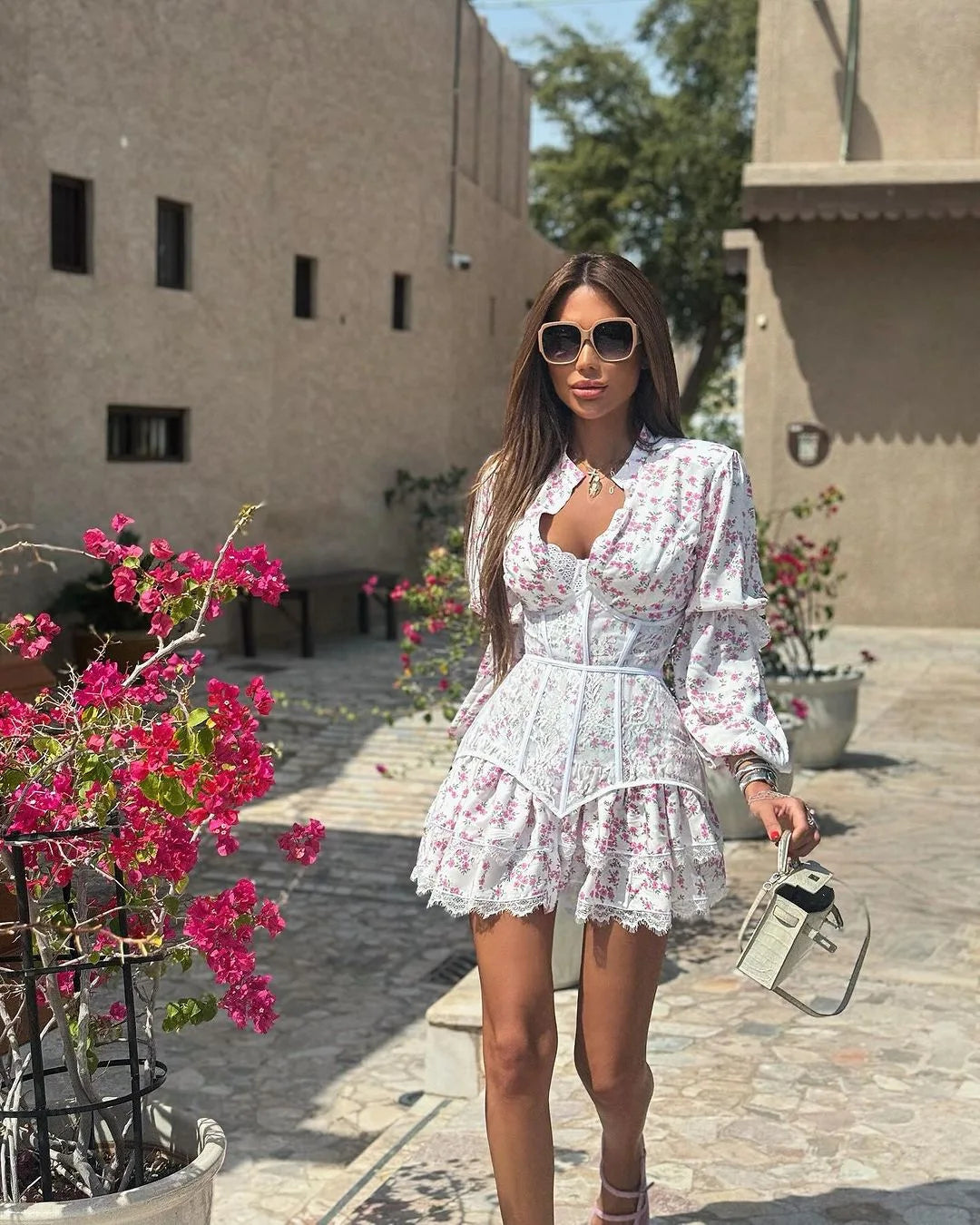 Women's Floral Lace A-Line Mini Dress – Lantern Sleeve V-Neck Sweet Party Dress | Spring Summer