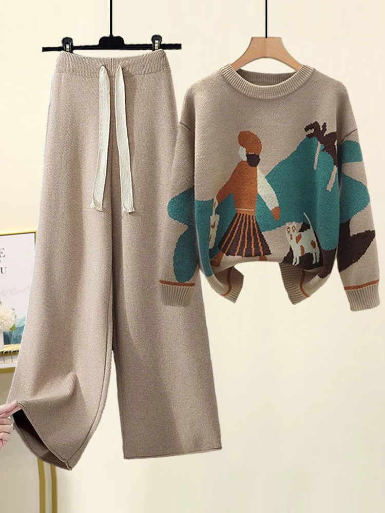 Women's Knitted Sweater & Wide Leg Pants Set – Loose Casual 2-Piece Autumn Outfit