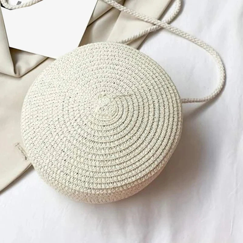 Bolsa de Palha Redonda Transversal Minimalista Feminina com Fecho Zipper 5 Cores