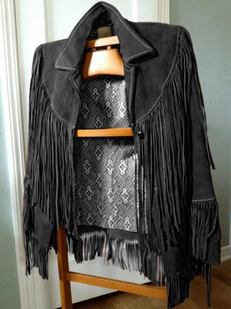 Women's Suede Tassel Jacket – Lapel Single Button Streetwear Coat | Autumn Winter