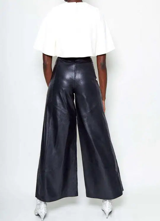 Women's Faux Leather Wide Leg Pants – High Waist Zipper Sash Street Style PU Trousers | Spring Summer